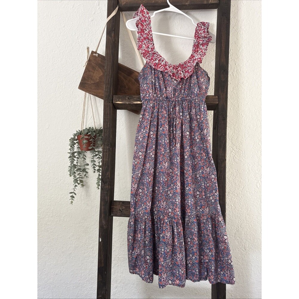 J.Crew XS Floral Ruffle Neck Dress Boho Cottagecore Sleeveless Midi Blue Red